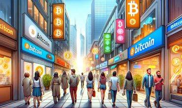 DALL·E 2024-01-11 17.35.43 - A bustling city street lined with various physical stores, each with a distinct sign indicating they accept Bitcoin. People of diverse appearances are