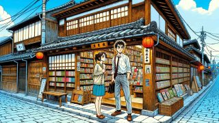 DALL·E 2024-01-23 17.46.08 - A couple, a man and a woman, standing hesitantly outside an old but clean bookstore, drawn in a vibrant Japanese manga style with enhanced color satur