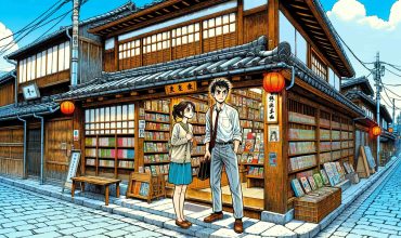 DALL·E 2024-01-23 17.46.08 - A couple, a man and a woman, standing hesitantly outside an old but clean bookstore, drawn in a vibrant Japanese manga style with enhanced color satur